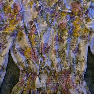 Floral Long-Sleeve Blouse with Tassels